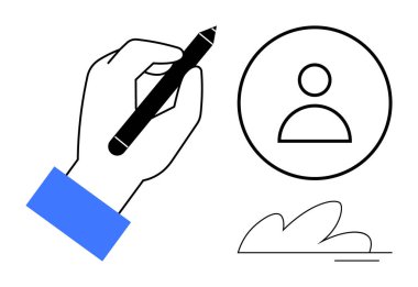 El ele tutuşan kalem, soyut şekiller ve temiz çizgilerle eşleştirilmiş bir kullanıcı profili çemberi çiziyor. Tasarım, yaratıcılık, kimlik, kişiselleştirme, kullanıcı deneyimi, basitlik minimalizmi için idealdir. Basit.