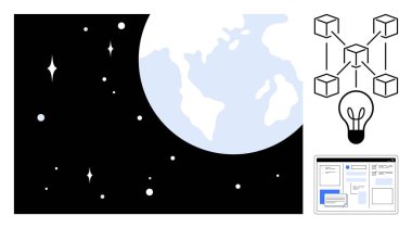 Earth viewed in space with stars, networked blocks, lightbulb for innovation, and digital interface layout. Ideal for technology, connectivity, innovation, global collaboration, blockchain