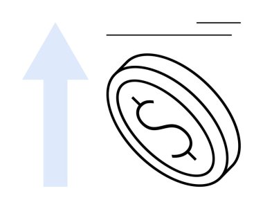 Dollar coin with upward arrow, denoting financial growth. Ideal for economics, investment, savings, market trends, success, revenue profit concepts. Simple flat metaphor