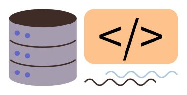 Database stack beside a large coding tag surrounded by wavy lines. Ideal for software development, database management, programming, backend solutions, web design, data analysis, tech education clipart svg vector 