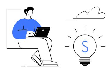 Dizüstü bilgisayarda çalışan bir adam, dolar işareti ile işaretlenmiş bir ampulle sembolize edilen finansal bir kavramı tasarlıyor. İş, yaratıcılık, girişim, finans, girişimcilik, yenilik için ideal