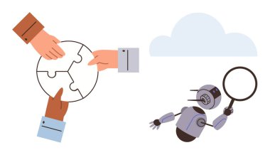 Hands assembling puzzle pieces symbolizing teamwork, robot analyzing with magnifying glass, cloud in background. Ideal for innovation, problem-solving, AI, collaboration, research, cloud computing