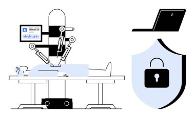 Veri güvenliğini sembolize eden bir dizüstü bilgisayar ve kalkan ikonu eşliğinde monitör izleme organları olan bir hastaya robotik kol ameliyatı. Sağlık, yapay zeka, teknoloji ve yenilik için ideal
