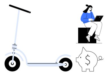 Electric scooter, woman on laptop, and piggy bank promoting sustainability, remote work, savings, urban mobility, financial planning, tech-savviness and eco-friendly living. Ideal for simple flat