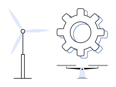 Wind turbine, gear, and balanced scale represent renewable energy, innovation, and equilibrium. Ideal for sustainability, technology, efficiency balance environment industry and development. A