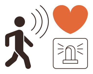 Person walking with sound waves, heart icon, and emergency sign. Ideal for healthcare, fitness tracking, alert systems, safety, emergency response well-being user notifications. Modern flat