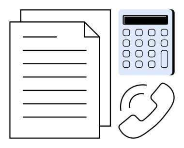 Papers with text lines, basic calculator, and ringing phone representing office tasks, communication, and financial work. Ideal for productivity, accounting, administration, business technology