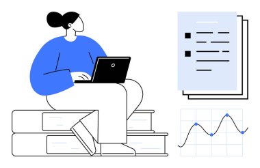 Woman using a laptop while sitting on stacked books, accompanied by documents and a chart. Ideal for education, research, online learning, analysis, productivity, study habits, and data visualization