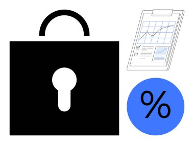 Black padlock symbolizing protection, document with analytical graphs for data insights, and blue percentage icon representing statistics. Ideal for security, finance, data analysis, privacy