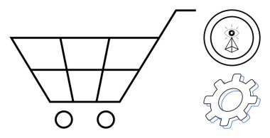 Shopping cart, eye symbol inside a circle, and gear outline suggesting automation, tech, vision, and retail. Ideal for e-commerce, technology, data strategy innovation automation success