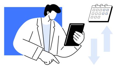 Person holding and analyzing tablet, calendar, and arrows indicating progress or decline. Ideal for planning, productivity, data review, performance tracking, strategy, business processes simple