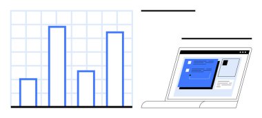 Bar graph representing data analysis next to a laptop with an online dashboard interface for insights. Ideal for analytics, technology, finance, business, reporting, research, simple flat metaphor