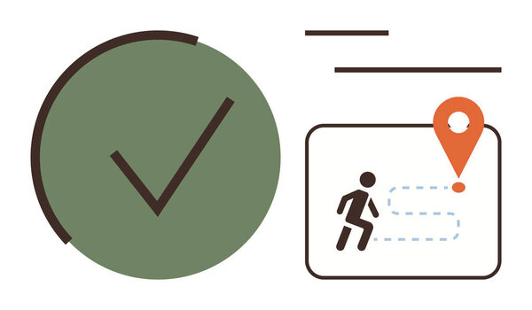 Green checkmark symbolizing task completion alongside a walking figure and route leading to a location pin. Ideal for success, goals, navigation, planning, progress, direction, and strategy. Simple