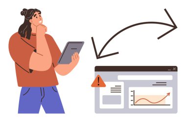 Woman thoughtfully holding tablet, observing browser with error icon and arrow to data chart. Ideal for problem-solving, data analysis, decision-making, troubleshooting, digital strategy, analytics