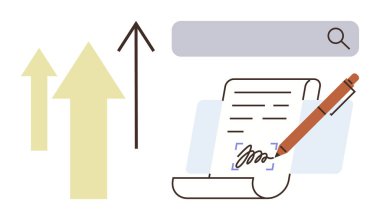 Arrows pointing upward highlight progress, while pen writes on paper under a search bar. Ideal for creative writing, education, content creation, growth, productivity, strategy, and innovation