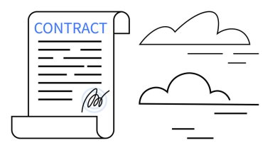 Contract document with signature, paired with minimal cloud graphics. Ideal for business, legal agreement, digital storage, cloud computing, remote file sharing, e-signature, simple flat metaphor
