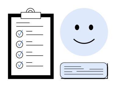 Clipboard with checklist and blue checkmarks, smiling face symbolizing accomplishment, and text block. Ideal for productivity, task management, success, organization, planning, motivation positive