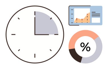 Clock highlighting productivity time, line graph displaying trends, and donut chart with percentage. Ideal for business, productivity, strategy, data analysis, time efficiency, statistics simple