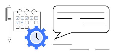 Calendar marked with tasks, pen for note-taking, clock inside gear signifying time management, speech bubble for communication. Ideal for planning, productivity, teamwork, deadlines, scheduling