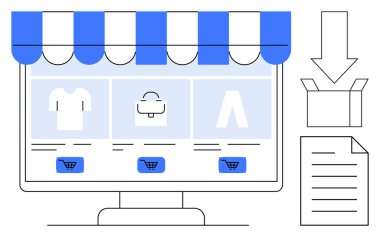 Computer screen featuring an e-commerce storefront with product categories, shopping cart icons, download arrow, box, and document. Ideal for retail, online shopping, e-commerce, order processing
