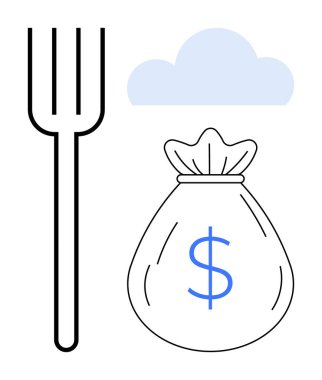Para çantasının yanında bir dolar işareti ve ince bulut elementi olan bir çatal. Finans, gıda ekonomisi, tasarruflar, yatırımlar, bulut ekonomisi, sürdürülebilirlik, bütçe, basit düz metafor