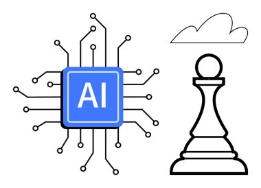 Blue AI chip connected to a network of circuits next to a chess pawn and a cloud. Ideal for AI, strategy, innovation, future technology, machine learning, decision-making, problem-solving. A simple