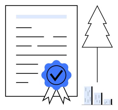 Document with approval badge, tree symbol, and bar graph representing environmental certification, growth, and ecological awareness. Ideal for sustainability, certification, environment, growth