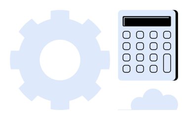 Gear and calculator with a cloud icon highlighting automation, finance, technology, teamwork, data, planning, and efficiency. Ideal for strategy, collaboration concepts simple flat metaphor