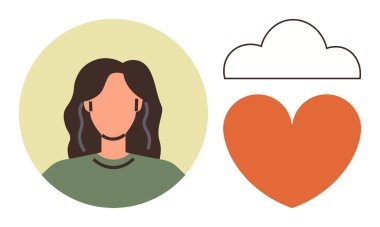 Female avatar inside circle with flowing hair, alongside orange heart and outlined cloud. Ideal for mental health, empathy, love, human connection, mindfulness, emotions relationships. Simple flat