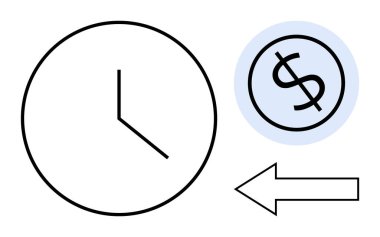 Clock representing time, dollar sign for money, and arrow symbolizing direction or flow. Ideal for time management, investment, finance, budgeting, savings, decision-making simple flat metaphor