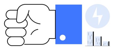 Clenched fist gesture in blue sleeve beside energy bolt icon and rising bar chart. Ideal for leadership, empowerment, strength, determination, success, productivity, teamwork. Simple flat metaphor