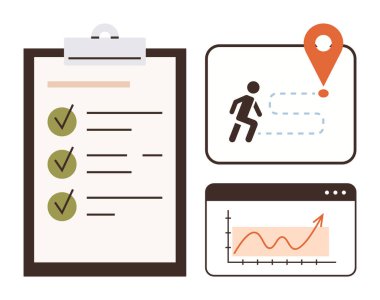 Clipboard with checklist, directional figure on path with location pin, chart with rising arrow. Ideal for planning, success tracking, project management, goal setting, progress growth, workflow