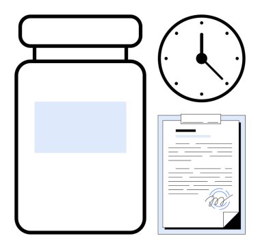 Pill bottle, clock indicating time, and signed document on clipboard suggest concepts of medication, timely dosage, compliance, healthcare, and prescription scheduling. Ideal for medicine