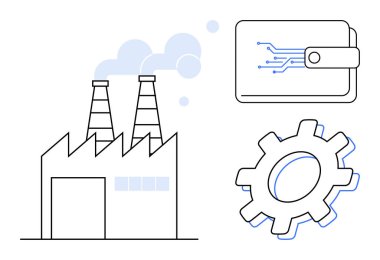 Factory with chimneys emitting smoke, gear symbolizing industrial processes, and digital wallet with circuit illustrating technology. Ideal for technology, finance, innovation, automation, industry