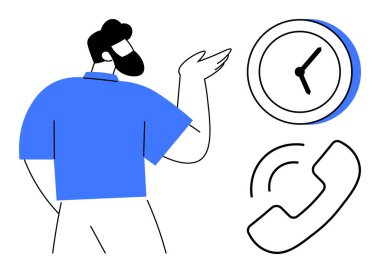 Man gesturing with hand near clock and phone. Ideal for communication, time management, scheduling, productivity, customer support, business interaction, work-life balance. Simple flat metaphor