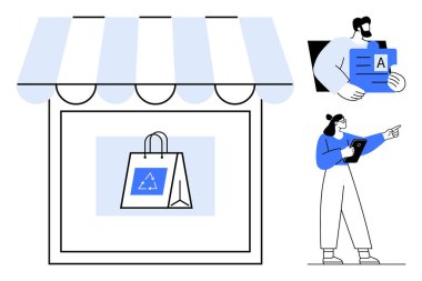 Shopping bag with recycling symbol under storefront canopy. Woman pointing with clipboard, man reviewing documents. Ideal for e-commerce, sustainability, retail, environment, teamwork, marketing