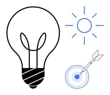 Lightbulb for innovation, sun for energy, and target with an arrow symbolize creativity, vision, and success. Ideal for inspiration, business strategy, goal setting, planning innovation
