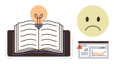 Open book with glowing light bulb symbolizes knowledge and ideas, sad face represents concern, and warning on webpage conveys problem-solving. Ideal for learning, creativity, innovation, education