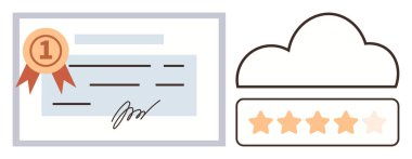 Certificate with ribbon, signed for recognition, beside cloud and five-star rating. Ideal for achievement, quality assurance, education, certification, recognition excellence awards. Simple flat