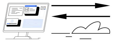 Desktop with web interface elements representing data navigation and exchange. Arrows and cloud elements suggest technology, speed, connectivity. Ideal for networking, innovation, business