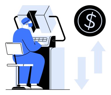 Person using computer monitors financial data surrounded by upward and downward arrows, dollar sign icon. Ideal for finance, technology, investment, analysis, trading, economy budgeting. Simple flat
