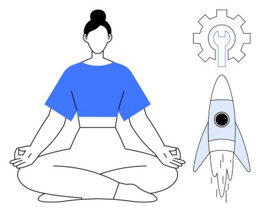 Woman in meditation pose with a rocket and gear wrench above, representing focus, startup growth, mindfulness, and optimization. Ideal for wellness, technology, teamwork, innovation productivity