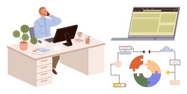 Man working at desk, talking on phone, next to abstract digital workflow illustration and laptop. Ideal for productivity, multitasking, technology, collaboration, business, project planning simple