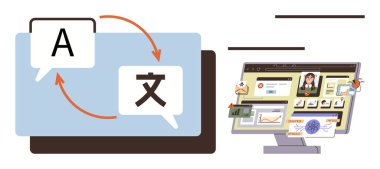 Two speech bubbles with letters symbolize language translation. Desktop monitor displays various digital tools. Ideal for communication, education, digital tools, productivity, globalization, remote