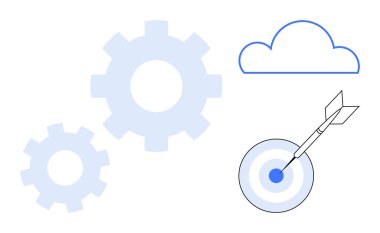 Gears signify process optimization, cloud implies technology, and target with arrow symbolizes goal achievement. Ideal for technology, business strategy, innovation, productivity, cloud computing