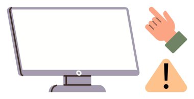 Blank computer monitor with triangular warning sign and hand gesture pointing, suggesting user interaction or caution. Ideal for technology, interface design, user guidance, caution, online