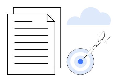 Stacked papers and an archery target with an arrow illustrate focus, organization, and goal-setting. Ideal for productivity, success, strategy, planning, growth, achievement simple flat metaphor