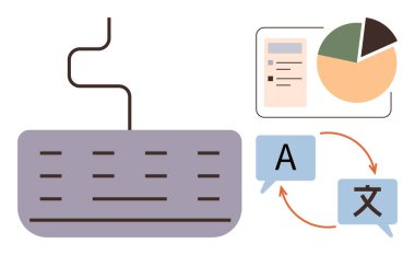 Keyboard with translation symbols, pie chart, and data sheet flow. Ideal for language, communication, technology, data analysis, global business education workflow. A simple flat metaphor
