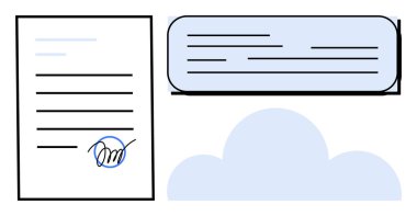 Signed paper document, digital interface with text, cloud icon. Ideal for e-signature, cloud storage, data security, document sharing, business automation, remote work simple flat metaphor