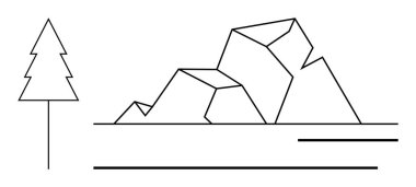 Minimal mountain shapes with a simple tree and clean horizontal lines. Ideal for nature, outdoors, simplicity, modern art, minimalism, graphic design, and conceptual designs. Simple flat metaphor